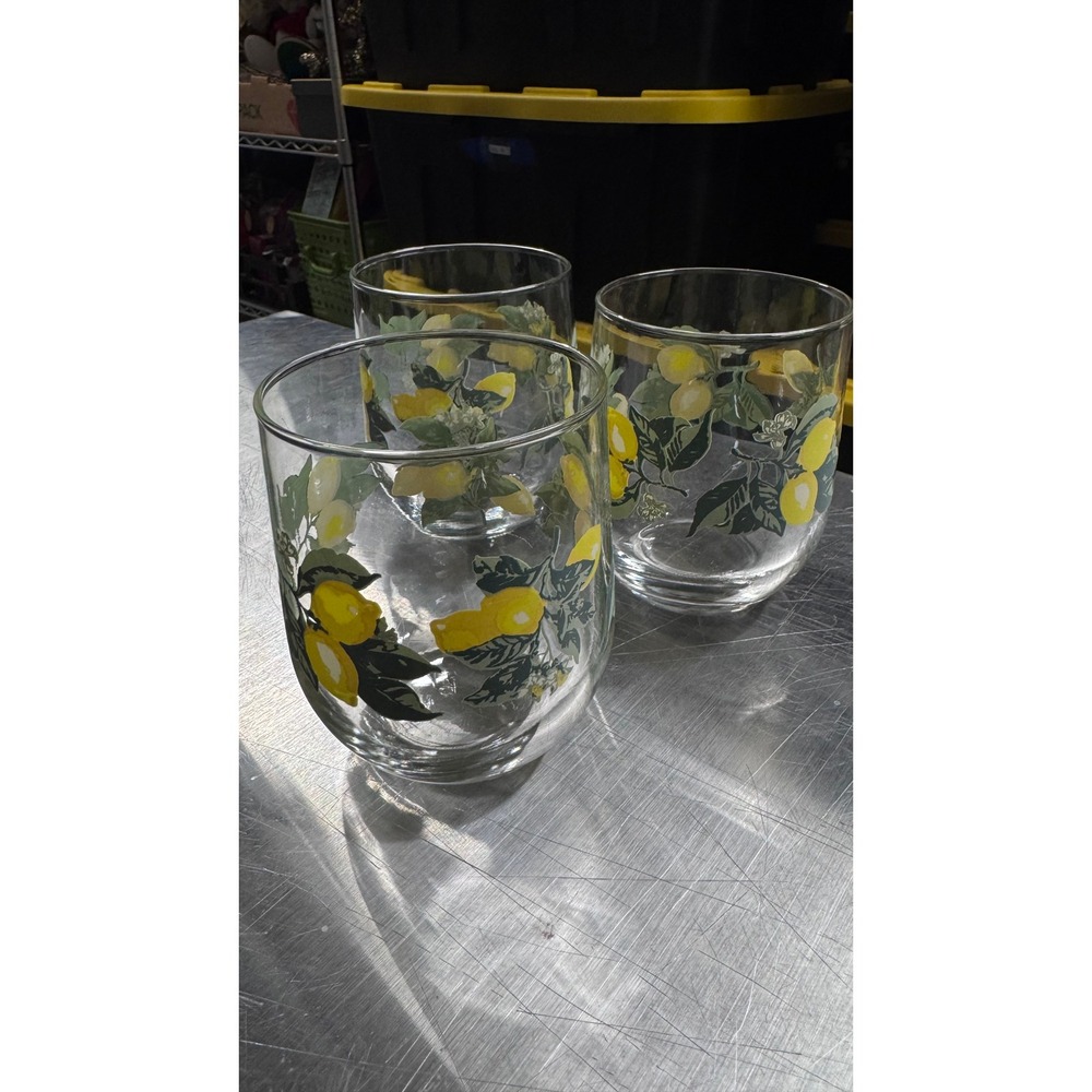 Vtg Libbey Lemon Print Stemless Wine Glasses Set of 3 Citrus Fruit Tumblers 17oz